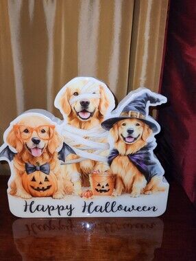 NWT Happy Halloween Golden Retriever Trio Sign 3D Wooden Stand Festive Dog Décor